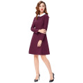 Grace Karin Frauen Stylish &amp; Slim Fit Langarm Kontrast Farbe Puppe Kragen Wein Rot A-Line Kleid CL010470-2